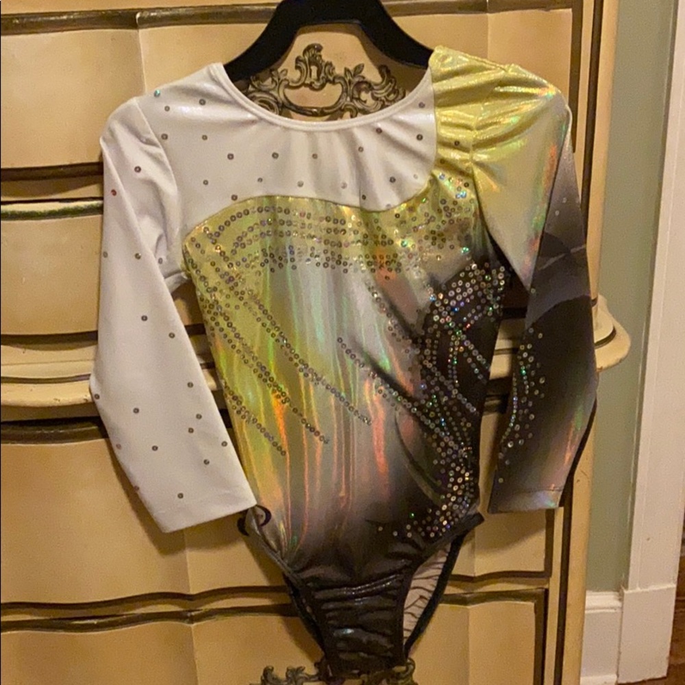 Yellow/white sequined ozone gymnastic leotard